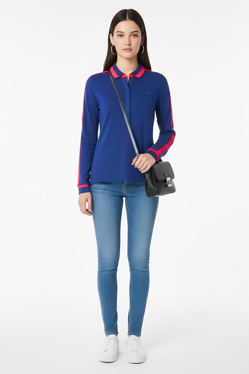 LACOSTE Women Spread Collar Embroidered Logo Long Sleeves Polo Shirts, Navy - Image 1